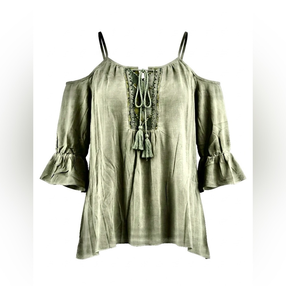 NEW POL Mineral Gray Cold Shoulder Embroidered Blouse Women’s Size Small
